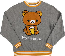 Bioworld Rilakkuma Sitting With Logo Chenille Applique Heather Gray Crew Neck Adult Sweatshirt